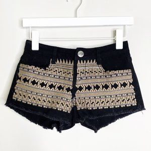 Karma Blue Boho Black Embroidered Jean Shorts
